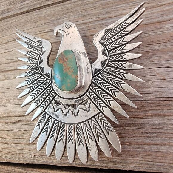 Vintage Navajo Large Eagle Thunderbird Royston Turquoise Bolo Tie - Picture 6 of 11